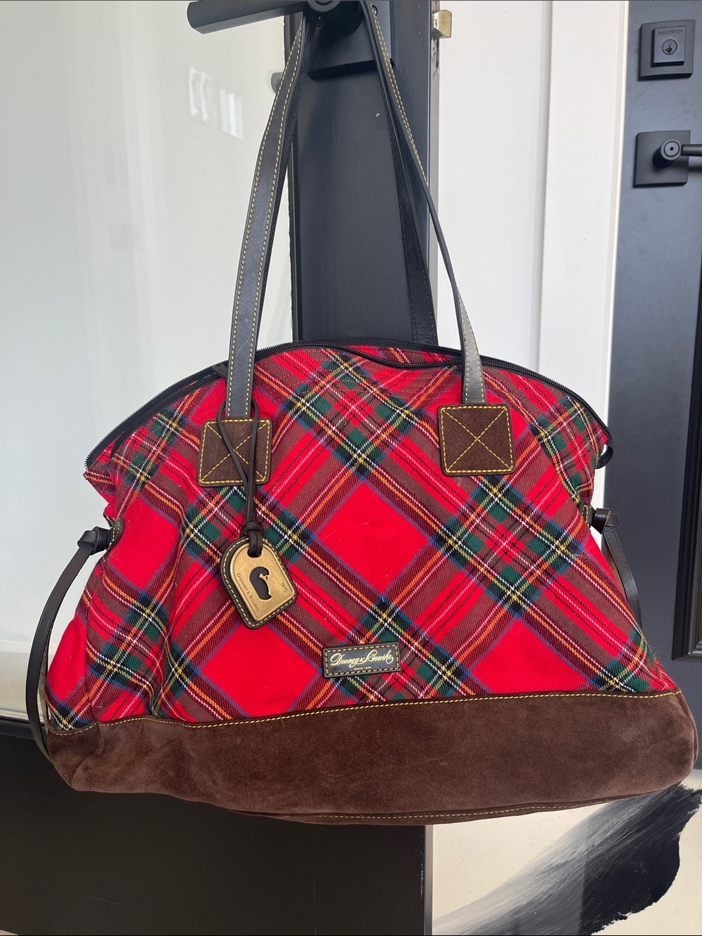 Dooney & Bourke Red Tartan Plaid Tote with Brown Suede Base - Picture 1 of 2
